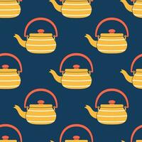 Vector striped tea kettles seamless pattern. Trendy yellow and red tea kettles on dark blue background. Tea time backdrop.