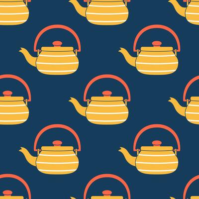 Vector striped tea kettles seamless pattern. Trendy yellow and red tea kettles on dark blue background. Tea time backdrop.