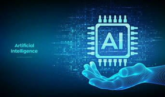 AI. Artificial intelligence. AI icon made with binary code in wireframe hand. Binary data and streaming digital code background. Matrix background with digits 1.0. Vector illustration.