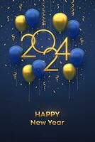 Happy New 2024 Year. Hanging Golden metallic numbers 2024 with 3D festive helium balloons and falling confetti on blue background. New Year, Xmas greeting card, banner template. Vector illustration.