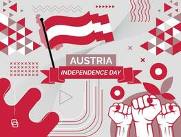 Austria national day banner with map, flag colors theme background and geometric abstract retro modern colorfull design with raised hands or fists. vector