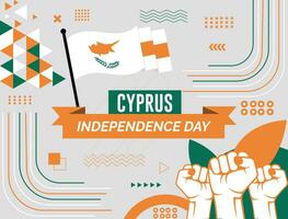 CYPRUS national day banner with map, flag colors theme background and geometric abstract retro modern colorfull design with raised hands or fists. vector