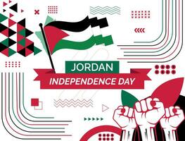 Jordan national day banner with map, flag colors theme background and geometric abstract retro modern colorfull design with raised hands or fists. vector