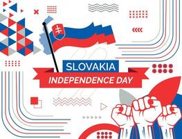 slovakia national day banner with map, flag colors theme background and geometric abstract retro modern colorfull design with raised hands or fists. vector