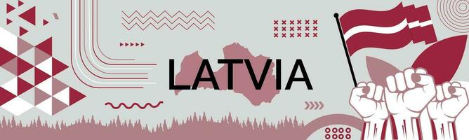 Latvia national day banner with map, flag colors theme background and geometric abstract retro modern colorfull design with raised hands or fists. vector