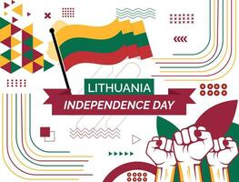 Lithuania national day banner with map, flag colors theme background and geometric abstract retro modern colorfull design with raised hands or fists. vector