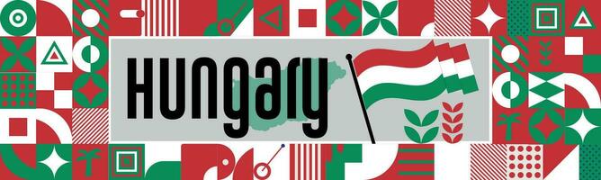 Hungary national day banner with map, flag colors theme background and geometric abstract retro modern colorfull design with raised hands or fists. vector