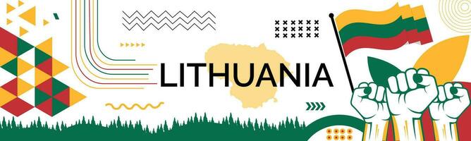 Lithuania national day banner with map, flag colors theme background and geometric abstract retro modern colorfull design with raised hands or fists. vector