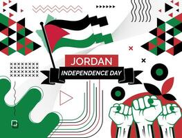 Jordan national day banner with map, flag colors theme background and geometric abstract retro modern colorfull design with raised hands or fists. vector