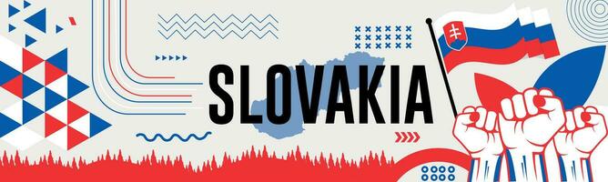 slovakia national day banner with map, flag colors theme background and geometric abstract retro modern colorfull design with raised hands or fists. vector