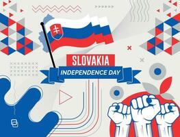 slovakia national day banner with map, flag colors theme background and geometric abstract retro modern colorfull design with raised hands or fists. vector