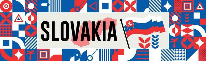 slovakia national day banner with map, flag colors theme background and geometric abstract retro modern colorfull design with raised hands or fists. vector