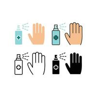 Clean hands with spraying hand sanitizer. Disinfectant spray for personal care concepts. Flat outline icons of sanitize for disinfection hand. Vector illustration. Design on white background. EPS 10