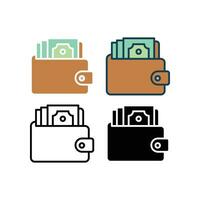 Cash payment. Pouch with money inside for cash payment or exchange. Wallet for commerce or business on app page, web. Cash, money, wallet icon. Vector illustration. Design on white background. EPS 10