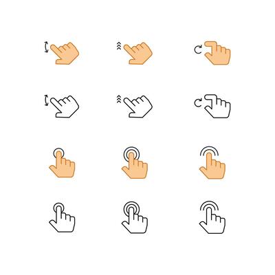 Touch screen gesture signage. Phone or computer hand pointer collection for web design include double click, Hand gesture on screen icon set. Vector illustration. Design on white background. EPS 10