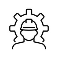 masculino utilizar difícil sombrero, la seguridad casco con engranaje diente rueda para Ingenieria equipo de construcción obrero, técnico en industrial fabricación. vector ilustración. diseño en blanco antecedentes. eps10