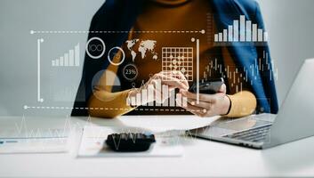 Data Management System with Business Analytics concept. business team hands working with provide information for Key Performance Indicators and marketing analysis onn virtual computer photo