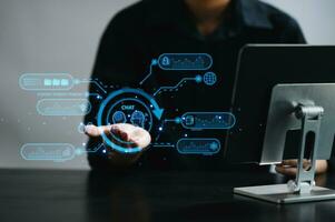 Woman using chat bot in smartphone intelligence Ai. Chat with AI Artificial Intelligence, developed by OpenAI generate. robot in online system. in modern office photo