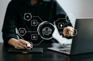 Woman using chat bot in smartphone intelligence Ai. Chat with AI Artificial Intelligence, developed by OpenAI generate. robot in online system. in modern office photo