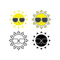 Happy summer Cheerful sun character with sunglasses in tropical island. Yellow smiling summer sun in glasses. Heat, hot, sunlight, vacation icon. Vector illustration Design on white background EPS 10