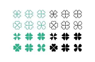 Clover set. Four leaf clover as symbol of luck. Hearth shaped leaf. Irish shamrocks or ireland tradition. Green clover leaf icon template design. Vector illustration. Design on white background. EPS10