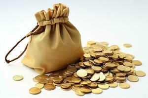 A bunch of gold coins and a bag on a white background. Profit making concept. Successful business. Generated by artificial intelligence photo