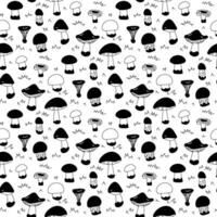 Vector linear seamless pattern with mushrooms. A hand-drawn texture with edible small mushrooms highlighted on a white background. Botanical illustration of natural elements. Details of the forest