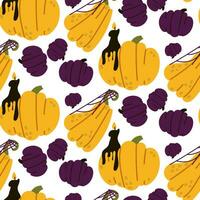 Funny pumpkins with a seamless pattern and a black candle, a spider web. Yellow and purple pumpkins on a white background. Seamless cute texture. Vector illustration in a flat style for Halloween