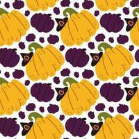 Funny pumpkins in a seamless pattern with a witch hat. Yellow and purple pumpkins on a white background. Seamless cute texture. Witch. Vector illustration in a flat style for Halloween.