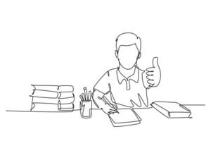 Single continuous line drawing young happy boy student study diligently beside the stack of books and giving thumbs up gesture pose. Education concept. One line draw graphic design vector illustration