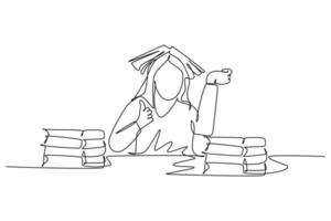 Single one line drawing young bored female student read stack of books in library and put the book on her head and give thumb up gesture. Modern continuous line draw design graphic vector illustration