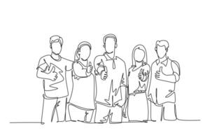 Continuous one line drawing of young happy businessmen and businesswoman stand up and giving thumbs up gesture together. Business teamwork building. Single line draw design vector graphic illustration