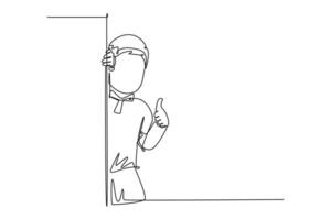 Single one line drawing of young happy student boy school student appeared from behind the wall and giving thumbs up gesture. Education concept. Continuous line draw design graphic vector illustration