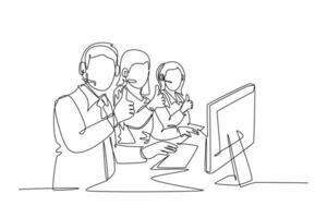 Single one line drawing group of male and female call center workers sitting in front of computer and giving thumbs up gesture. Customer service business. Continuous line design vector illustration