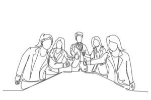 soltero continuo línea dibujo grupo de joven contento empresarios y mujer de negocios en pie arriba juntos y dando pulgares arriba gesto. negocio reunión. uno línea dibujar gráfico diseño vector ilustración