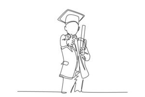 Single continuous line drawing young happy boy student wearing graduation hat and giving thumbs up gesture while holding graduation paper roll. Dynamic one line draw graphic design vector illustration