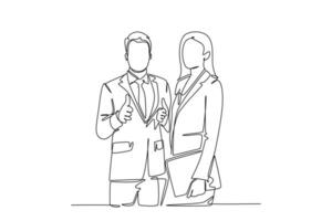 Single one line drawing group of young happy couple businessman and businesswoman standing up together with thumb up gesture. Business teamwork. Continuous line draw design graphic vector illustration