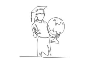 Single continuous line drawing young happy female student carrying a globe and wearing graduation hat and giving thumbs up gesture. Education. Dynamic one line draw graphic design vector illustration