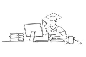 Single one line drawing young happy male college student studying in front of computer and gives thumbs up gesture. Graduate student concept. Modern continuous line design graphic vector illustration