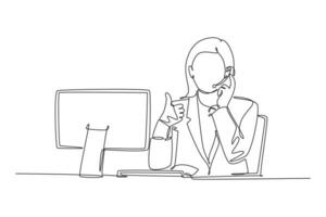 Single one line drawing young female call center worker sitting in front of computer, answering phone from customer. Customer service business. Continuous line draw design graphic vector illustration