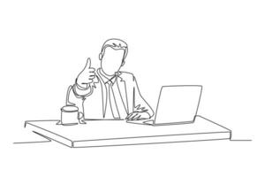 Single one line drawing young businessman sitting on chair in front of laptop and giving thumbs up gesture. Success business manager concept. Modern continuous line design graphic vector illustration