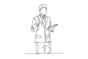 Single one line drawing business man standing up while holding paper and giving thumbs up gesture. Success business presentation concept. Modern continuous line draw design graphic vector illustration