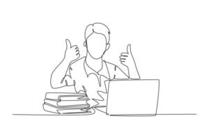 Single one line drawing young happy male college student study in the campus library beside stack of books and laptop. Education concept. Modern continuous line draw design graphic vector illustration