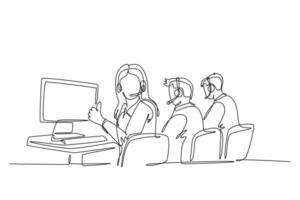 Single continuous line drawing group of male and female call center workers sitting in front of computer with thumbs up gesture. Customer service business. One line graphic design vector illustration