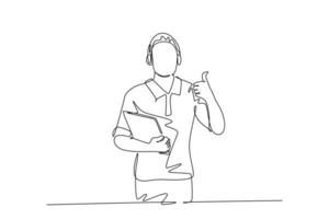 Single continuous line drawing young happy field project manager wearing headset and carrying clipboard while working. Field manager work life concept. One line draw graphic design vector illustration