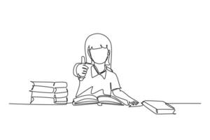 Continuous one line drawing young happy elementary school girl student studying in the library and reading stack of book while gives thumbs up pose. Single line draw design vector graphic illustration