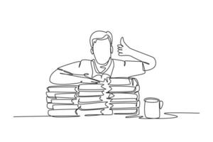 Single one line drawing young happy male student giving thumbs up gesture on pile of books and give thumbs up gesture. Education concept. Modern continuous line draw design graphic vector illustration