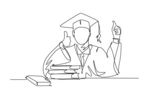 Single one line drawing young happy graduate male college student wearing graduation uniform, giving thumbs up gesture in front of books stack. Continuous line draw design graphic vector illustration