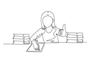 Continuous one line drawing of young happy elementary school girl student studying in the library while giving thumbs up gesture. Education concept. Single line draw design vector graphic illustration