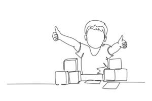 Single one line drawing young happy little boy playing stack of puzzle block on table and giving thumbs up gesture in kindergarten class. Modern continuous line draw design graphic vector illustration